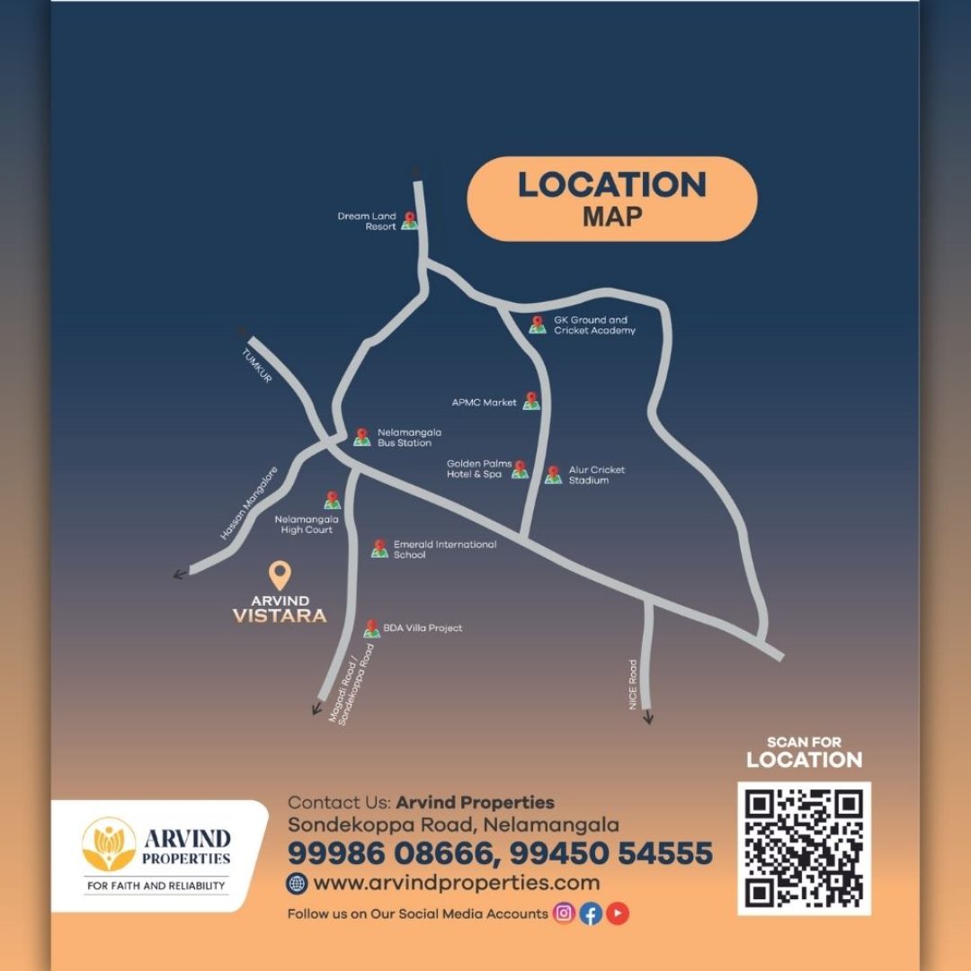 Route map and connectivity layout highlighting Arvind Vistara plots near Nelamangala town