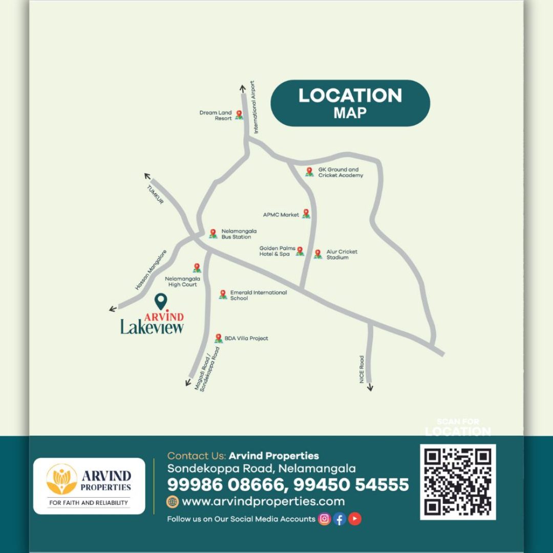 Location map for Arvind Lakeview showcasing premium plots for sale in Nelamangala and surrounding highway connectivity